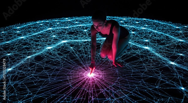 Fototapeta Woman touching the center of a glowing digital network. Concept of technology, data, AI, and global connection.