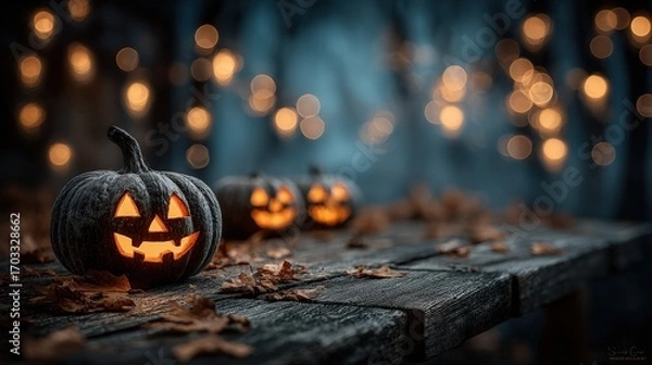 Fototapeta Glowing Jack-o'-Lanterns on Rustic Table with Bokeh