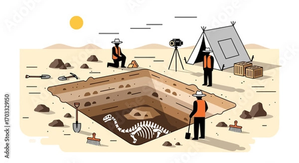 Fototapeta Illustration of an archaeological dig site with workers excavating a dinosaur skeleton in a layered pit under a sunny sky.