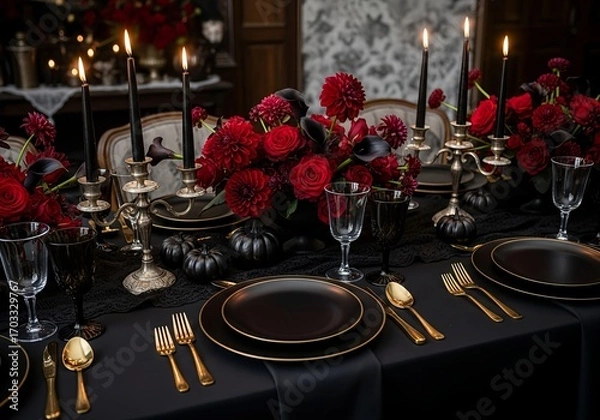 Fototapeta Elegant and modern gothic tablescape for a whimsical Halloween dinner party with dramatic red flowers and black candles