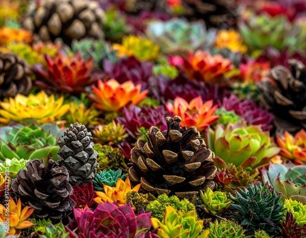 Obraz Colorful succulent garden with pinecones