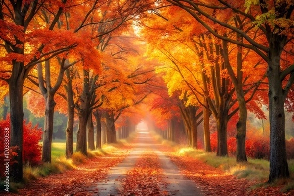 Fototapeta Autumn Road with Vibrant Orange and Yellow Leaves Creating a Tunnel Effect