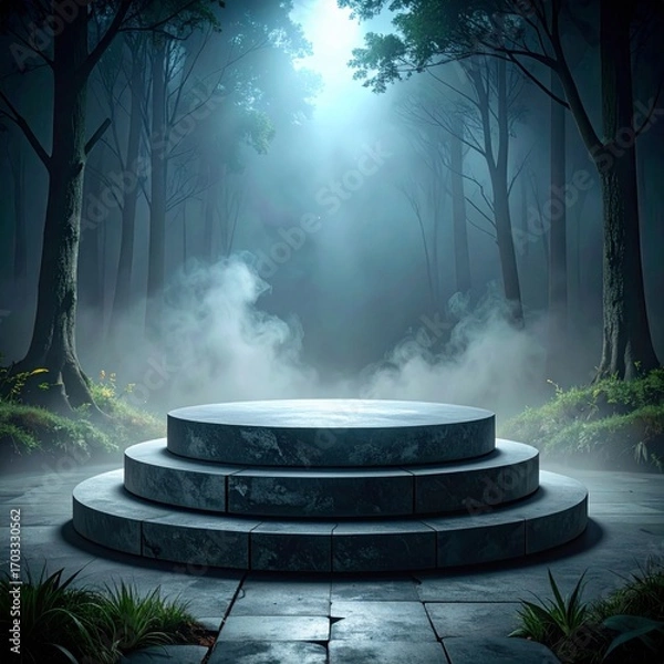 Obraz Three Tiered Stone Podium Display In Mystical Foggy Forest With Soft Lighting