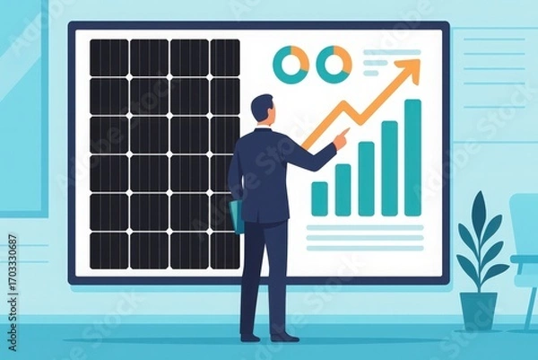 Obraz Business presentation illustration with man pointing at solar panels and colorful growth charts
