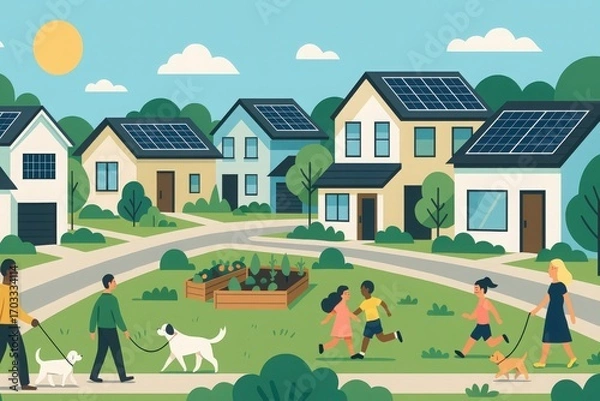 Fototapeta Sustainable suburban neighborhood illustration with solar panel houses, diverse people, pets, and community garden