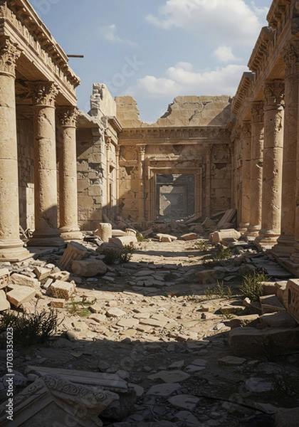 Fototapeta Ancient ruins with broken columns and scattered stones in archeological site
