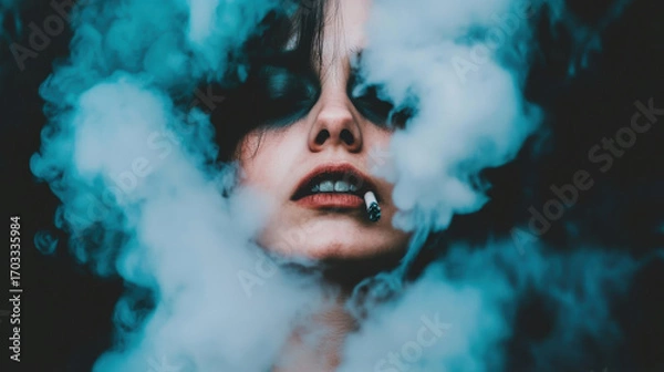 Fototapeta A woman with dark makeup smokes a cigarette surrounded by thick clouds of smoke, creating a haunting, dramatic atmosphere that symbolizes addiction, danger, and the toxic impact of smoking.
