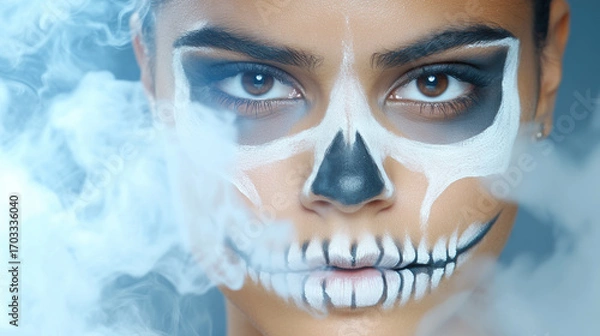 Fototapeta A person with striking skull face paint stares through swirling smoke, symbolizing death, danger, and the haunting effects of smoking, addiction, and toxic habits on human health.