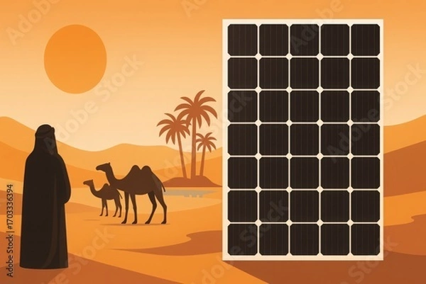 Fototapeta Solar panel in desert landscape with camels, oasis, and traditional Middle Eastern figure blending technology