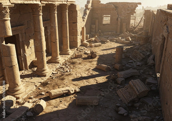 Fototapeta Ancient ruins with broken columns and scattered stones in a sunlit landscape