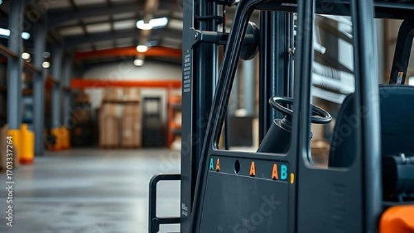 Fototapeta An industrial forklift in a warehouse setting with a blurred background.