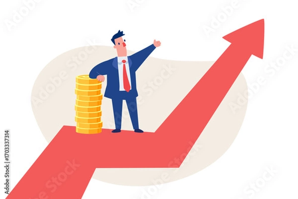 Fototapeta businessman with gold coins standing on rising arrow graph