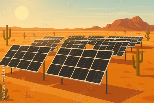 Fototapeta Solar panels in desert landscape illustration with mesas, cacti, and warm sunset tones emphasizing renewable