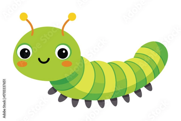 Fototapeta Smiling cartoon caterpillar features green and yellow segmented body with visible small feet and antennae, transparent background