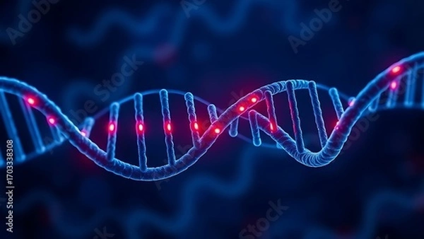 Fototapeta DNA double helix with glowing red hotspots against a deep blue background, highlighting genetic anomalies.