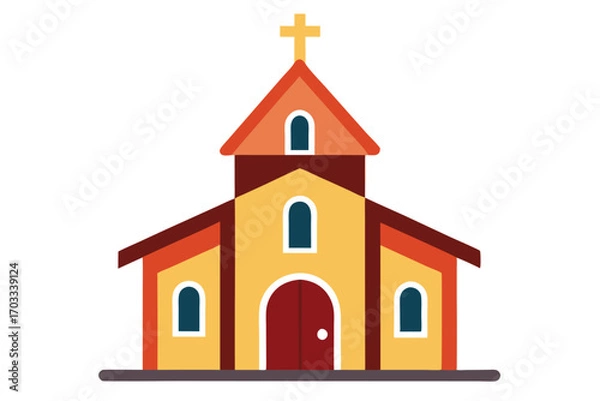 Fototapeta The simple yellow church stands prominently with its red roof and cross emblem against transparent background