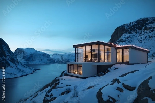 Fototapeta Modern house nestled in snowy mountains overlooking a serene winter landscape