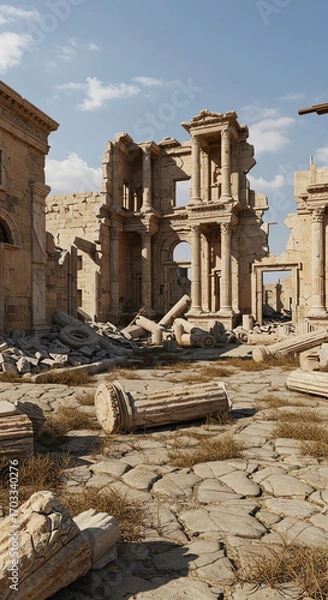 Fototapeta Ancient ruins with broken columns and scattered debris under a clear blue sky
