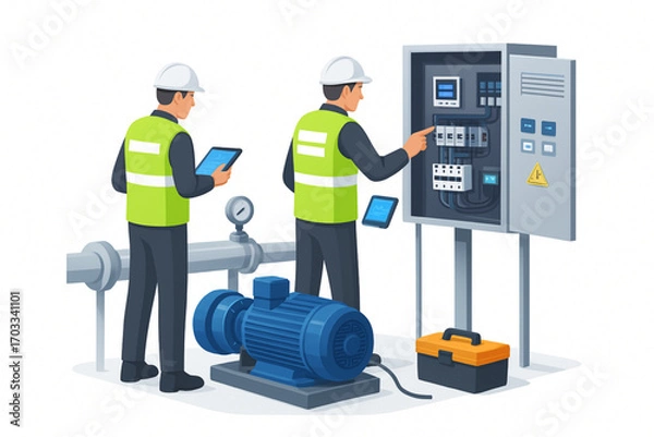 Fototapeta Industrial engineers inspecting electrical control panel and water pump system with digital tablets – vector illustration