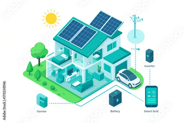 Fototapeta "Isometric Vector Illustration of Smart Home with Solar Panels, Battery Storage, and Electric Car Charging Connected to Smart Grid"