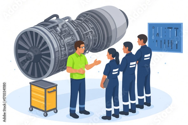 Fototapeta "Isometric Vector Illustration of Aircraft Engineers Training on Jet Engine Maintenance with Instructor"