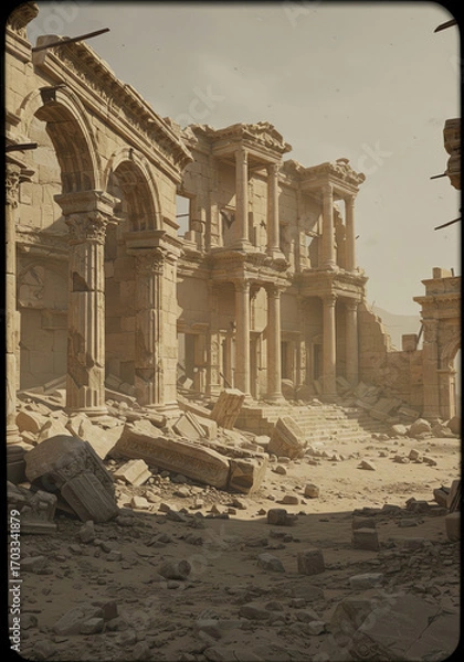Fototapeta Ancient ruins with broken columns and scattered debris in a dusty landscape