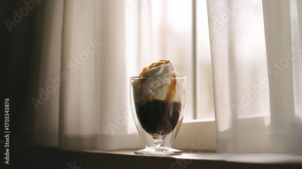 Fototapeta Affogato Delight: Coffee, ice cream and caramel sauce. A simple dessert that provides a rich and complex favor. Elegant, delicious and refreshing.