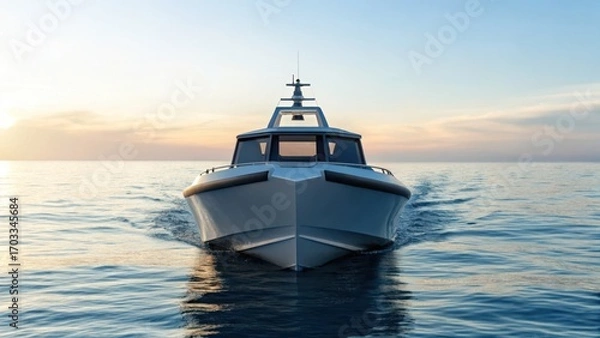 Fototapeta ocean robotics for cleanup Sleek boat gliding through calm waters under a vibrant sky at sunset.