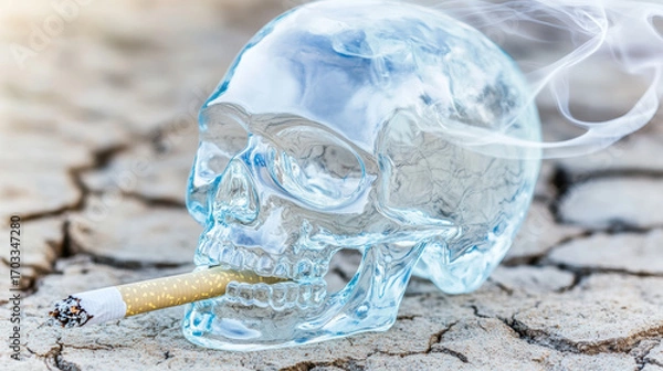 Fototapeta A glass skull with a lit cigarette in its mouth emits smoke over cracked dry ground, symbolizing the deadly impact of smoking, health risks, and environmental destruction.