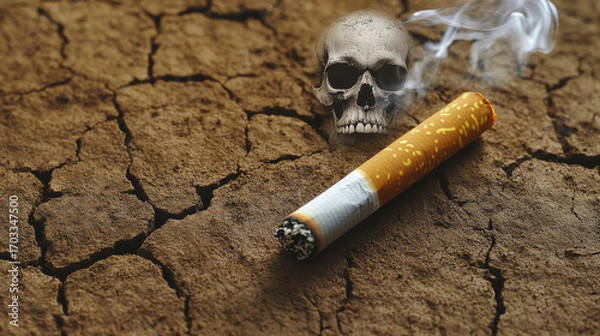 Fototapeta A burning cigarette rests on cracked dry earth with smoke rising, as a skull looms behind it, symbolizing the deadly link between smoking, health hazards, and environmental destruction.