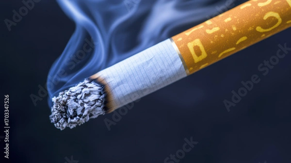 Fototapeta A burning cigarette releases swirling blue smoke against a dark background, symbolizing addiction, health risks, and the toxic effects of smoking on the body and environment.