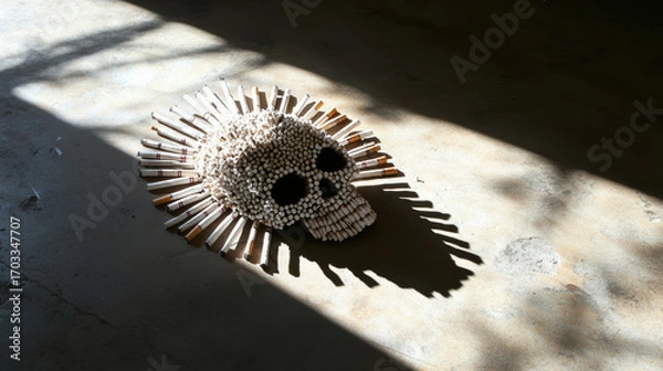 Fototapeta A skull made entirely of cigarettes casts a dramatic shadow on the floor, symbolizing the deadly consequences of smoking, addiction, and the destructive impact of tobacco on human health.