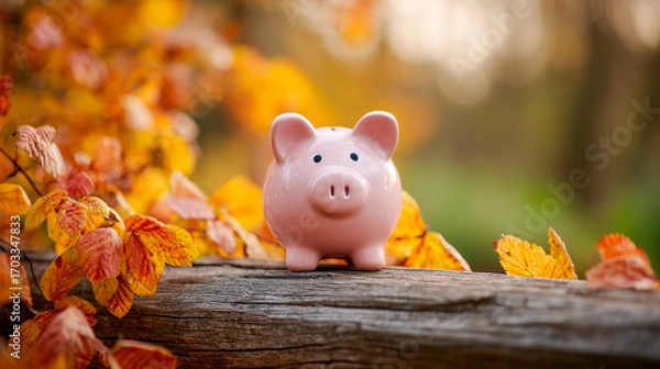 Fototapeta Adorable pink piggy bank sitting on weathered wooden surface surrounded by vibrant autumnal leaves with blurred fall foliage in the background, symbolizing savings and seasonal cha