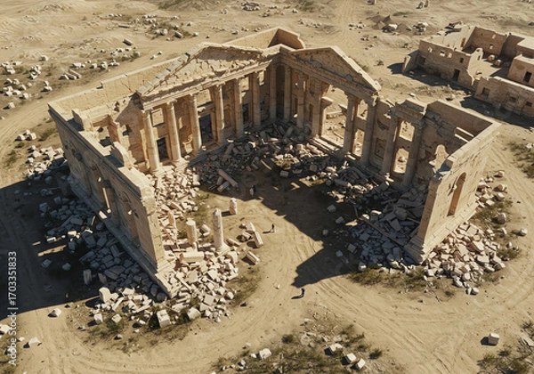 Fototapeta Ancient ruins surrounded by sandy landscape with fallen columns and debris
