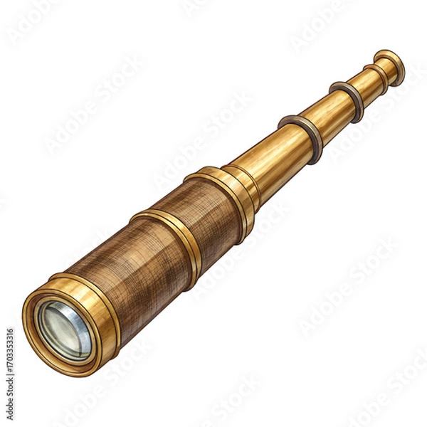 Fototapeta Antique Telescope: A meticulously illustrated, antique brass telescope, exuding historical charm and inviting exploration, stands isolated, inviting the viewer on a journey.