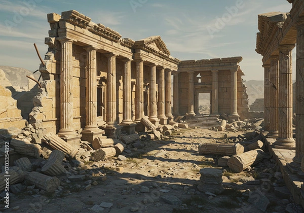 Fototapeta Ancient ruins showcasing Classical architecture with weathered columns and stone debris