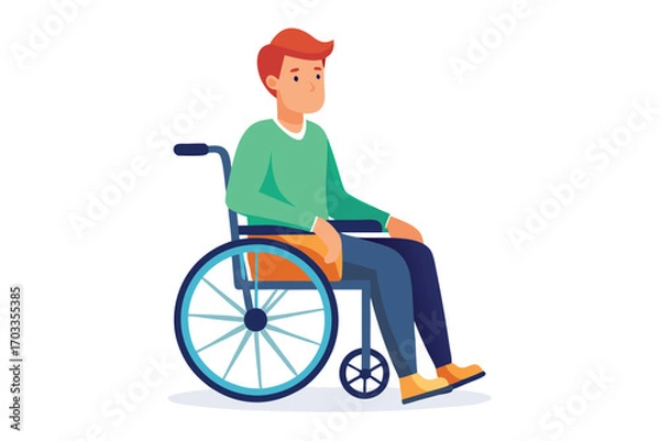 Fototapeta Red haired person with limited mobility is looking ahead while seated in wheelchair