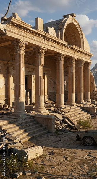 Fototapeta Ancient ruins of a Greek temple with broken columns and stone debris