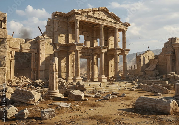 Fototapeta Ancient ruins of a classical structure with scattered stones and desert landscape