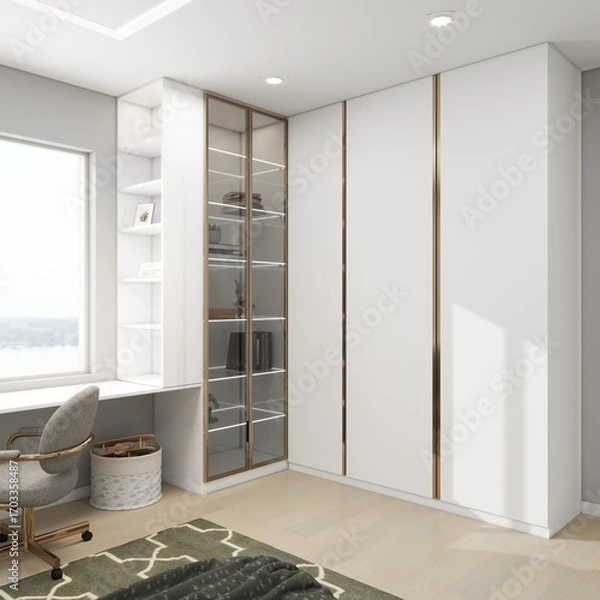 Obraz Modern minimalist home office with white cabinets, glass display shelves, built-in desk, and cozy chair. Bright, stylish, and functional interior design