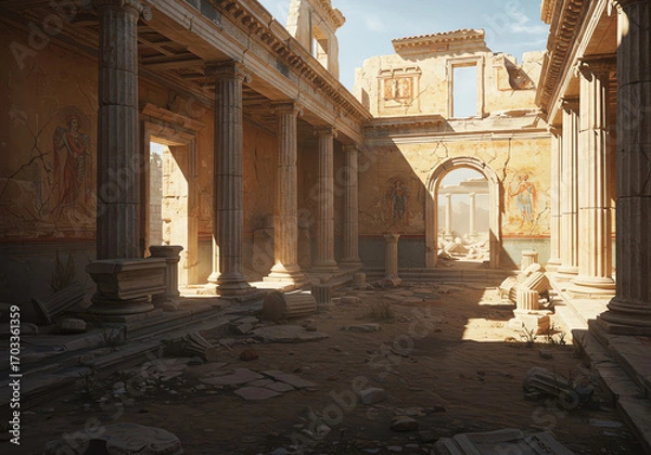 Fototapeta Ancient ruined structure with columns and wall paintings illuminated by sunlight