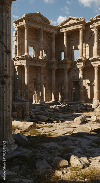 Fototapeta Ancient ruins display collapsed columns and weathered stone structures