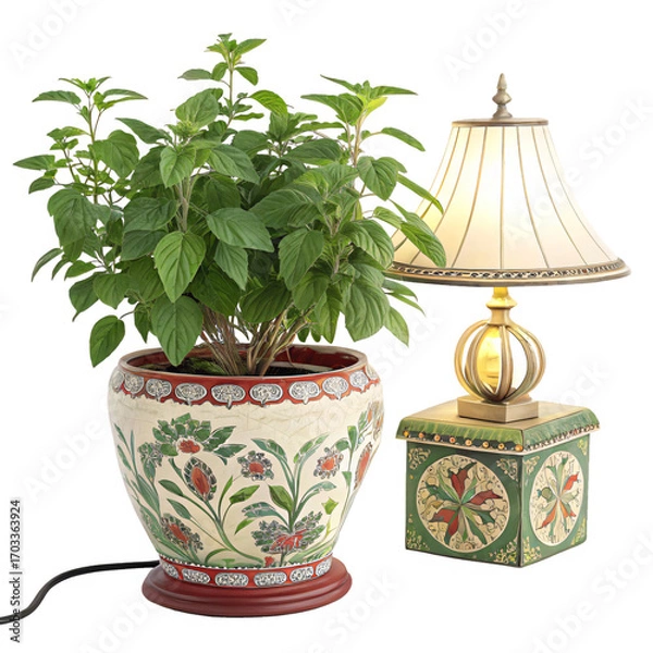 Fototapeta Elegant botanical fusion: A houseplant rests besides a vintage lamp, offering a serene visual narrative of home aesthetics