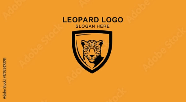 Fototapeta A graphic design featuring a leopard head within a shield shape, against a solid orange background.