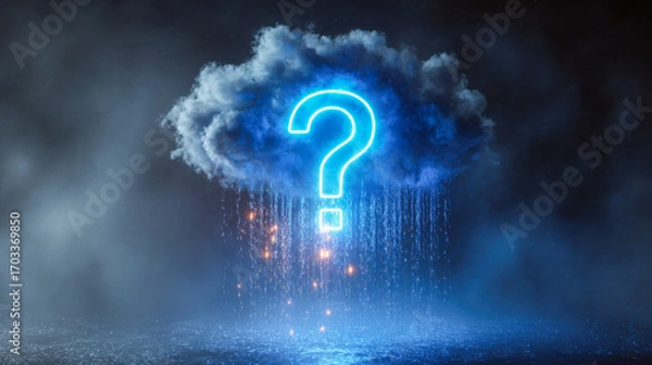 Fototapeta Dark storm cloud illuminated by glowing neon question mark raining down light particles over misty background symbolizing uncertainty and mystery concept