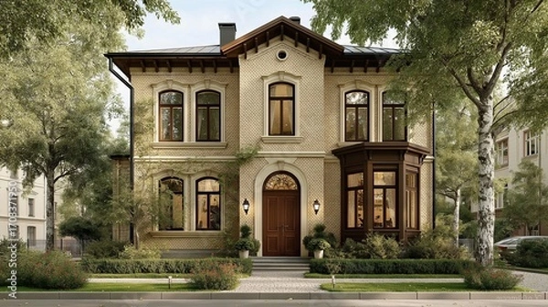 Fototapeta Elegant two-story brick house with arched doorway, tall windows, and classic architecture, surrounded by lush greenery in a peaceful neighborhood.