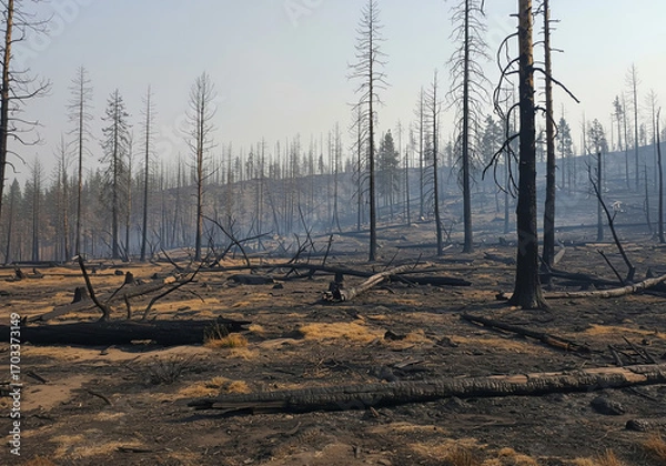 Fototapeta Aftermath of a forest fire charred landscape trees and burnt ground