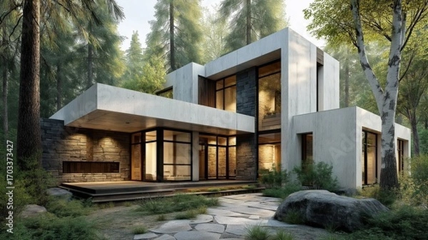 Fototapeta Modern two-story forest house with concrete and stone design, large glass windows, and warm lighting, blending contemporary architecture with nature