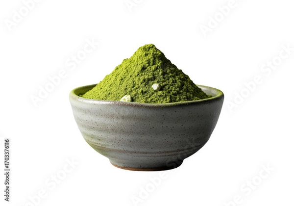 Fototapeta A pile of vibrant green powder in a dark grey bowl, isolated on a transparent background.

