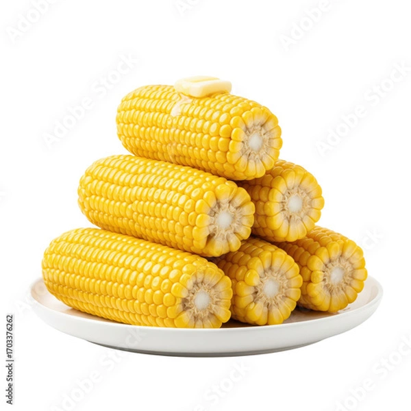 Fototapeta A stack of fresh corn on the cob on a white plate, isolated on a transparent background.
